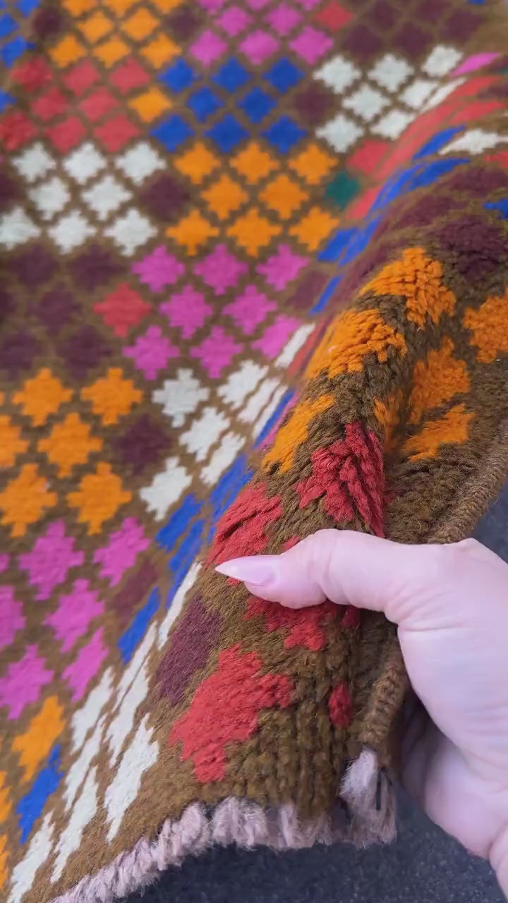 3x10 (90x305) Handmade Vintage Afghan Baluch Runner Rug | Chocolate Coffee Brown Mint Green Burnt Orange Blue Rose Pink | Wool Flatwoven