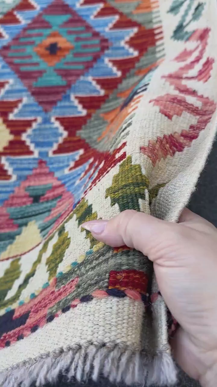 3x5 (91x152) Handmade Afghan Kilim Rug | Brick Red Sky Blue Teal Green Mustard Olive Navy Cream Plum Lavender Burnt Orange | Wool Flatwoven