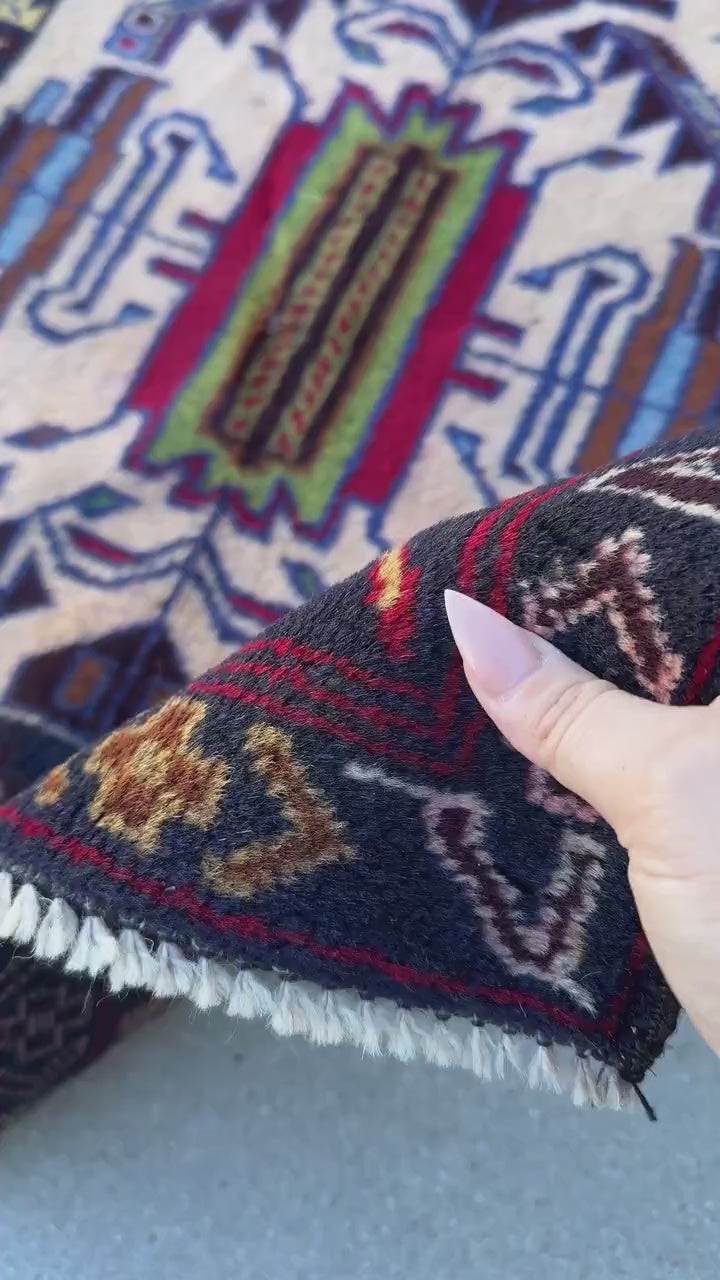 3x5 (91x152) Handmade Vintage Afghan Baluch Rug | Midnight Navy Sky Denim Blue Cream Blood Crimson Red Black Pine Forest Green Orange Brown