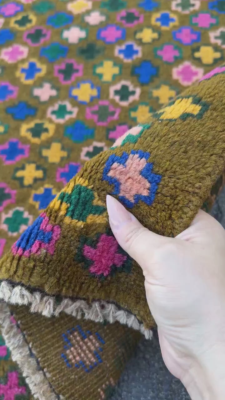 4x6 Handmade Vintage Afghan Baluch Rug | Olive Forest Pine Green Mustard Gold Navy Blue Rose Salmon Pink Peach Black | Wool Flatwoven