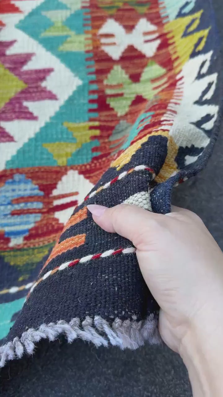 3x5 (91x152) Handmade Afghan Kilim Rug | Red Navy Midnight Blue Aqua Cream Teal Yellow Green Plum Mauve Orange Copper Gold Grey | Flatwoven