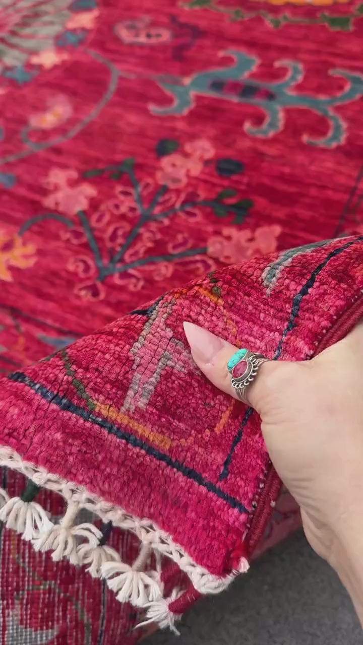 7x10 Handmade Afghan Wool Rug | Bold Floral Medallion Design | Red Statement Area Rug