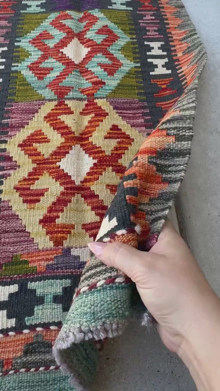 2x3 Handmade Afghan Kilim Rug | Burnt Orange Black Blood Reust Red Mustard Yellow Aqua Teal Charcoal Grey Cream White Olive Moss Green