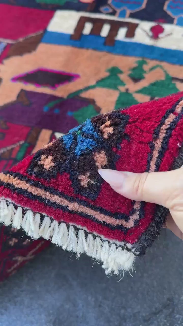 3x5 (91x152) Handmade Vintage Afghan Baluch Rug | Blood Red Eggplant Purple Denim Blud Peach Orange Fuchsia Pink Forest Green Cream White