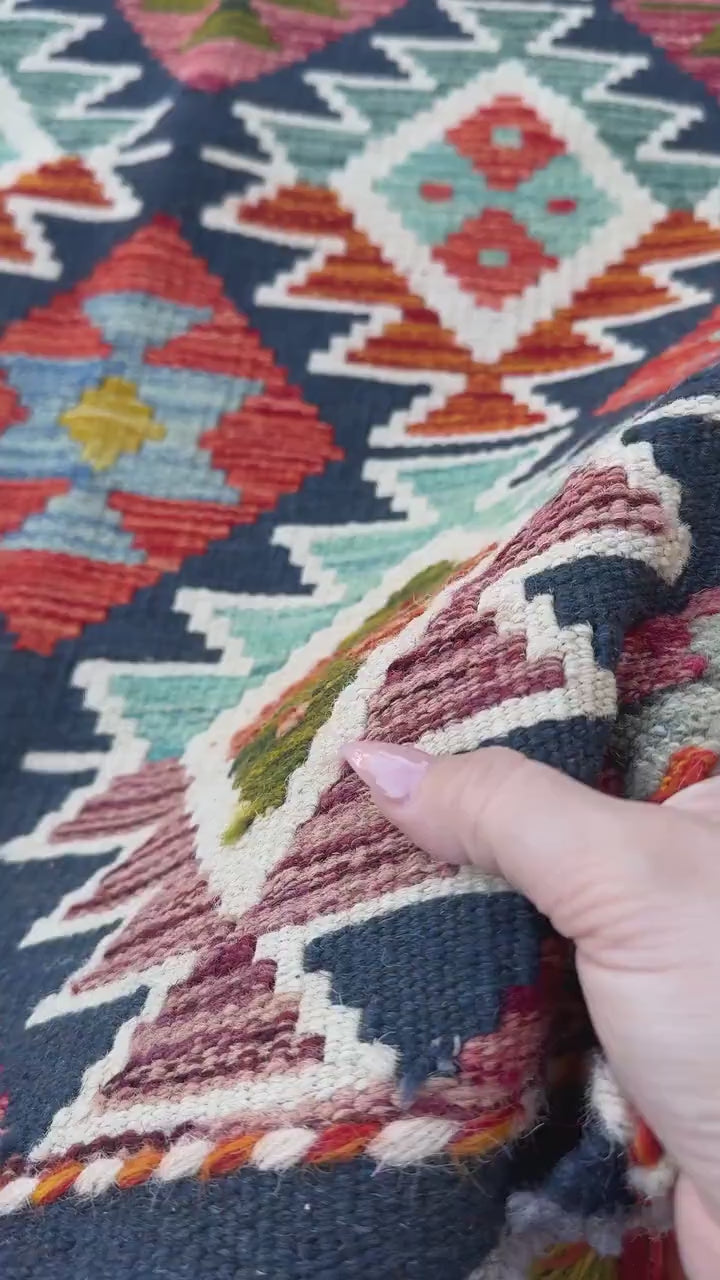 2x5 Handmade Afghan Kilim Runner Rug | Navy Rust Red Burnt Orange Mustard Yellow Cream White Olive Green Teal Aqua Blue Purple Grey | Wool
