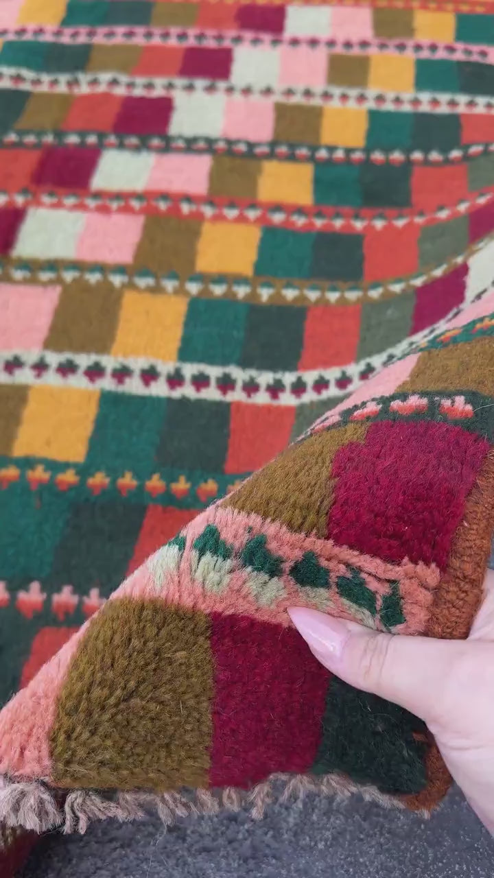 3x10 Handmade Vintage Afghan Baluch Runner Rug | Forest Pine Mint Olive Green BUrnt Orange Brick Red Peach Mustard Yellow Gold | Wool