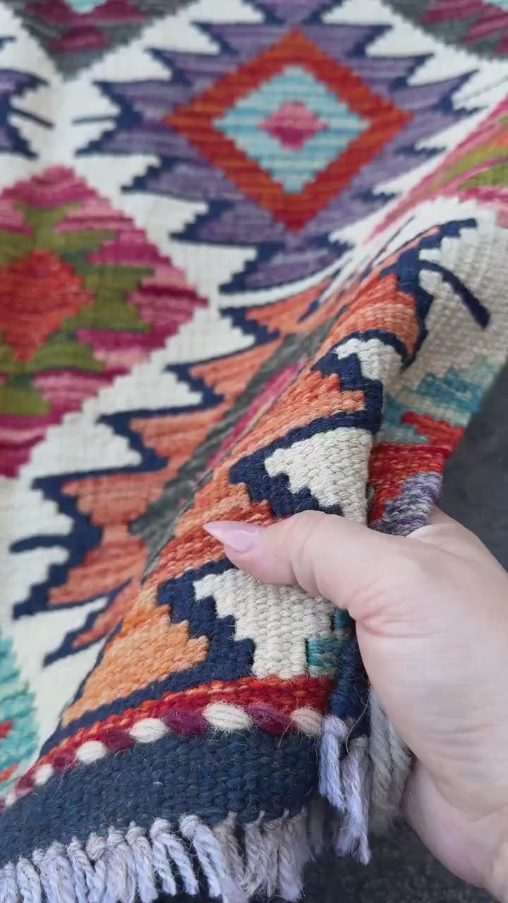 2x5 Handmade Afghan Kilim Runner Rug | Ivory Cream Burnt Orange Rust Red Mustard Yellow Olive Green Teal Aqua Blue Navy Purple Grey | Wool
