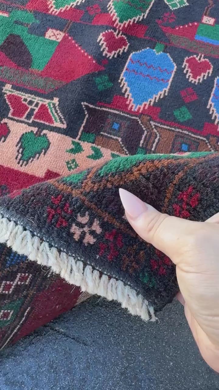 3x5 Handmade Vintage Afghan Baluch Rug | Blood Red Denim Royal Midnight Blue Peach Coral Salmon Pink Orange Caramel Brown Black Forest Green