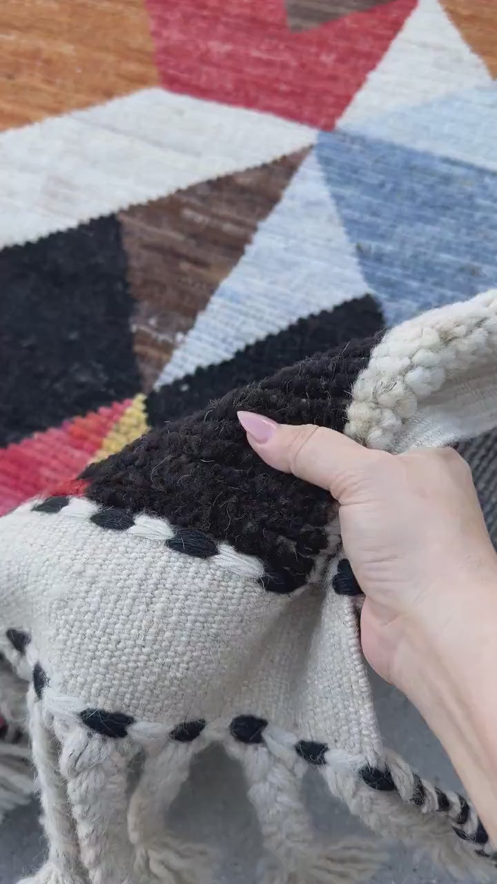 10x15 Handmade Afghan Wool Rug | Berber Bazaar Collection | Moroccan-Inspired Geometric Area Rug | Red, Mustard & Black