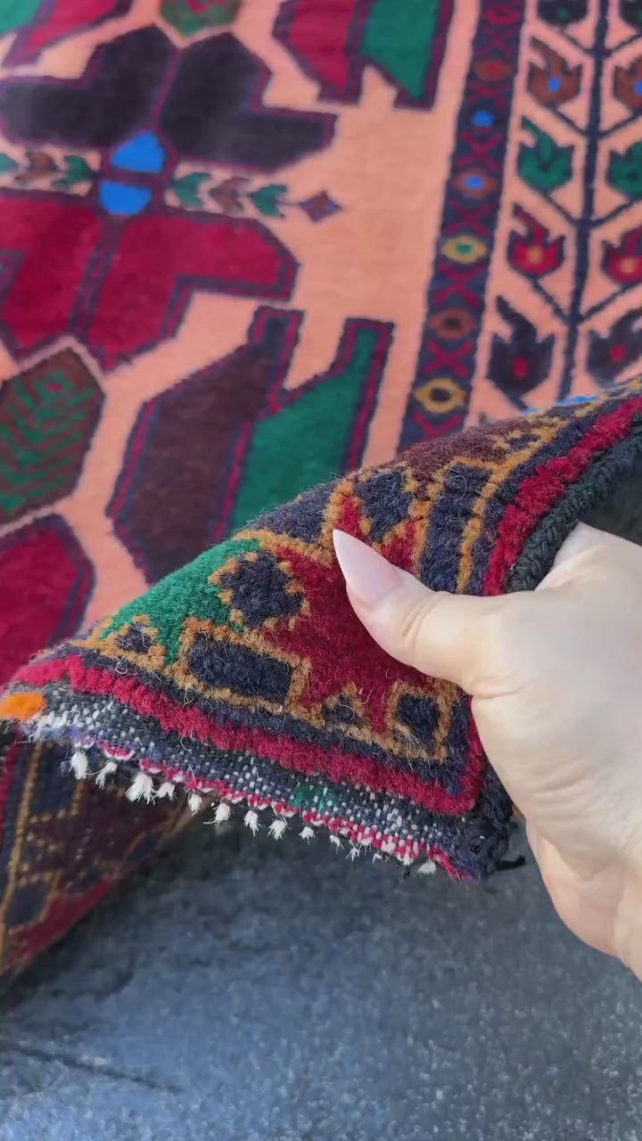 3x5 (91x152) Handmade Vintage Afghan Baluch Rug Coral Pink Orange Blood Red Forest Green Eggplant Purple Royal Blue Mustard Gold Black Brown