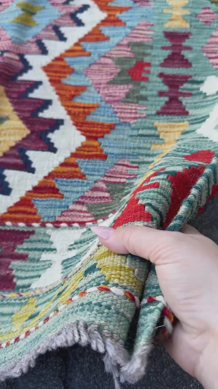 3x5 (91x152) Handmade Afghan Kilim Rug | Teal Aqua Burnt Orange Burgundy Mustard Yellow Mauve Cream White Forest Green Navy Blue | Wool