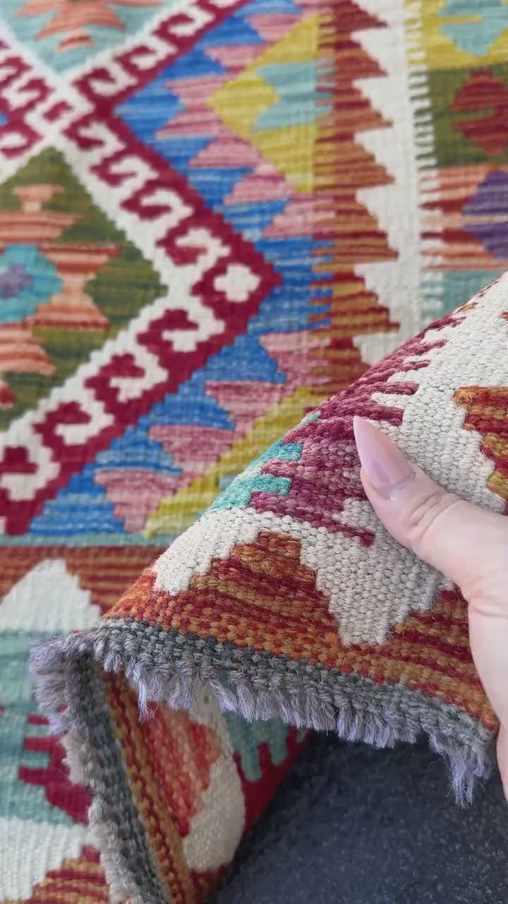 3x4-5 Handmade Afghan Kilim Rug | Burnt Orange Olive Forest Green Aqua Teal Turquoise Royal Blue Blood Brick Red Purple White Cream Gold
