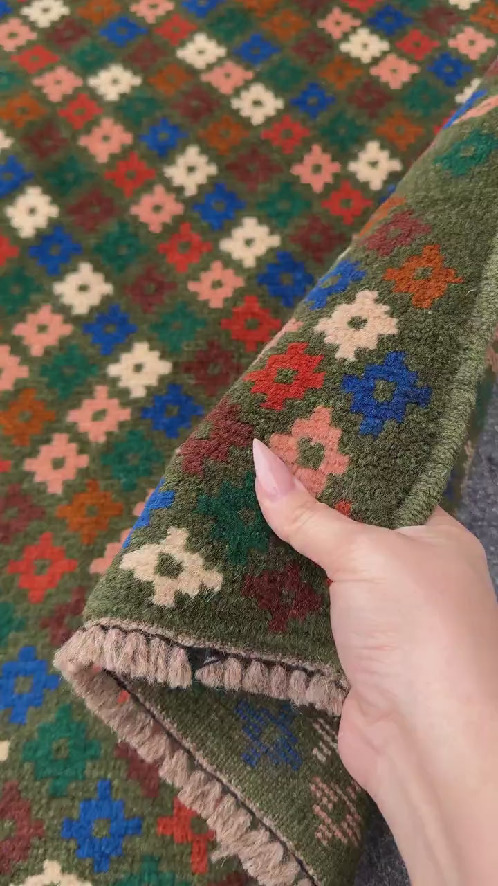 4x6 Handmade Vintage Afghan Baluch Rug | Moss Forest Green Cream White Salmon Pink Peach Chocolate Copper Brown Navy Blue Burnt Orange