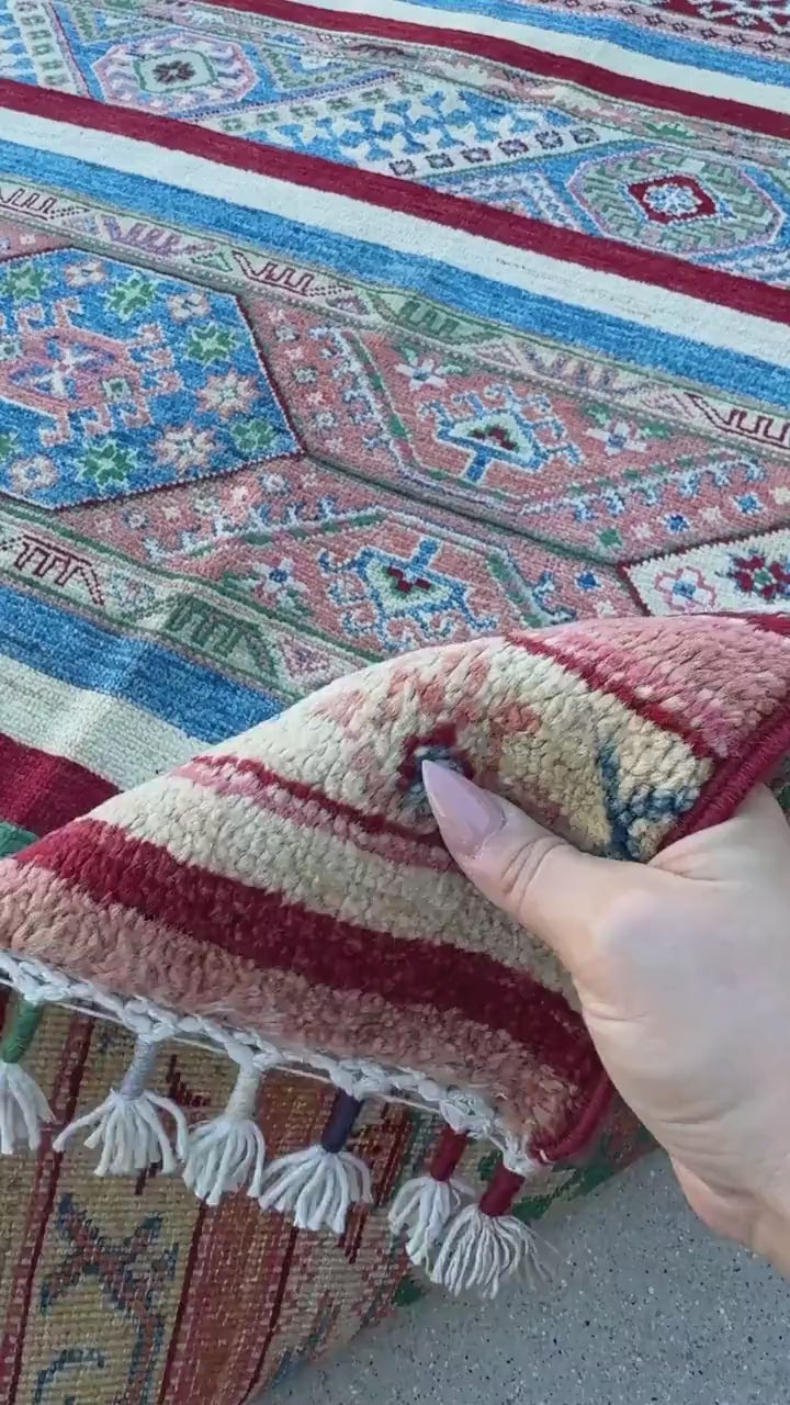9x11 Handmade Afghan Wool Rug | Colorful Striped Tribal Area Rug in Salmon Pink, Blue and Green | Hand-Knotted Boho Geometric Carpet