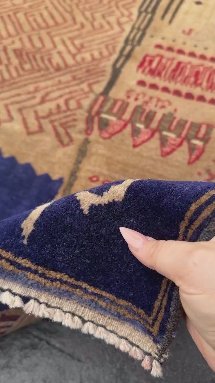 3x5 Handmade Vintage Afghan Baluch Rug | Beige Tan Sand Caramel Taupe Brown Grey Gray Rust Orange Blood Brick Red Navy Midnight Blue | Wool