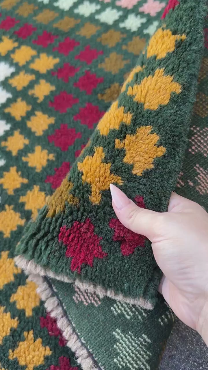 4x6 Handmade Vintage Afghan Baluch Rug | Pine Forest Olive Mint Green Brick Red White Mustard Yellow Gold Salmon Pink Peach Brick Red | Wool