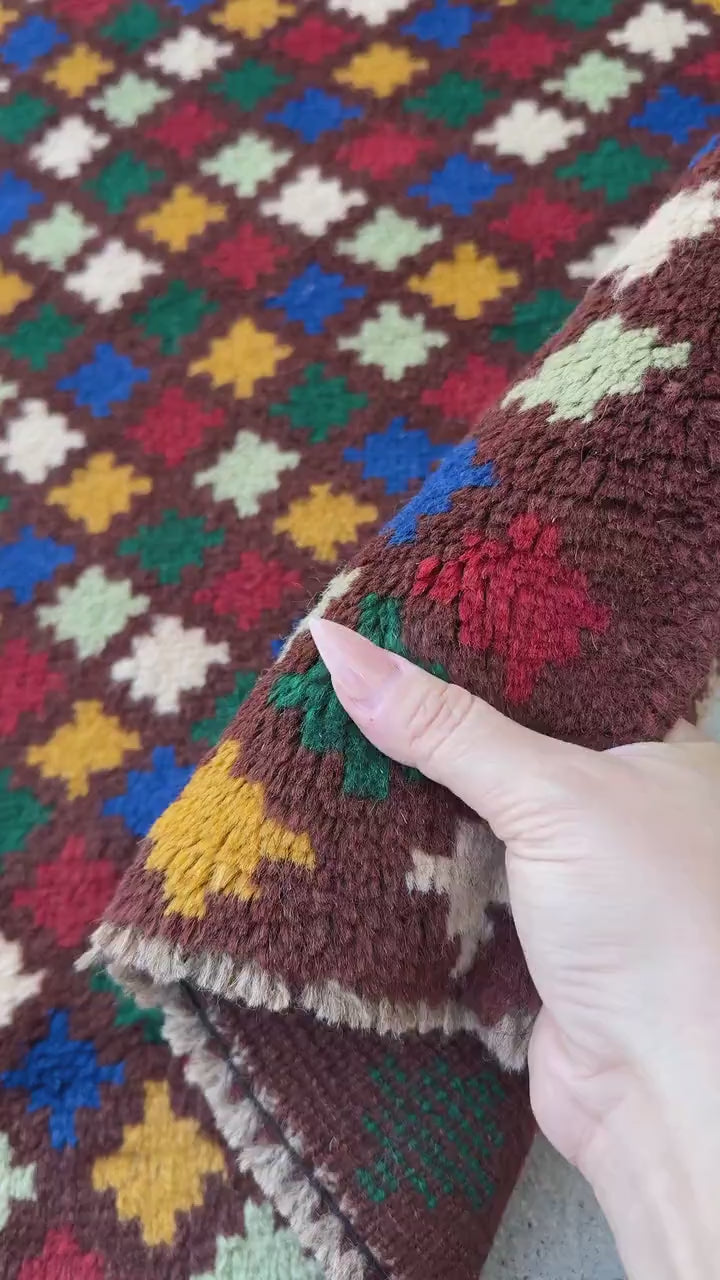 4x6 Handmade Vintage Afghan Baluch Rug | Chocolate Brown Mustard Gold Navy Blue Forest Mint Green Brick Red White | Wool Flatwoven