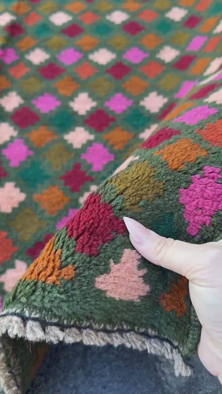 3x9 Handmade Vintage Afghan Baluch Runner Rug | Pine Forest Olive Green Copper Brown Rose Pink Peach Brick Red Navy Blue Burnt Orange | Wool
