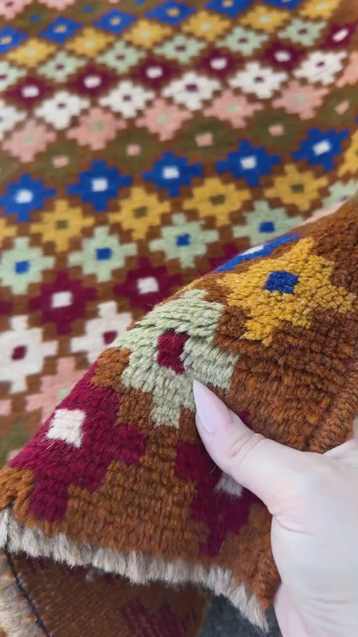 4x6 Handmade Vintage Afghan Baluch Rug | Chocolate Brown Navy Blue White Olive Mint Green Brick Red Salmon Pink Peach Mustard Yellow Gold