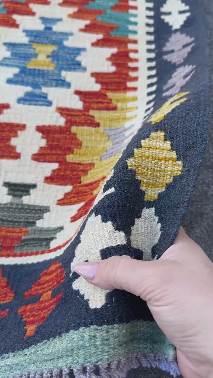 2x5 (61x152) Handmade Afghan Kilim Rug | Navy Denim Teal Royal Blue Burnt Orange Yellow White Cream Grey Black Red Purple | Wool