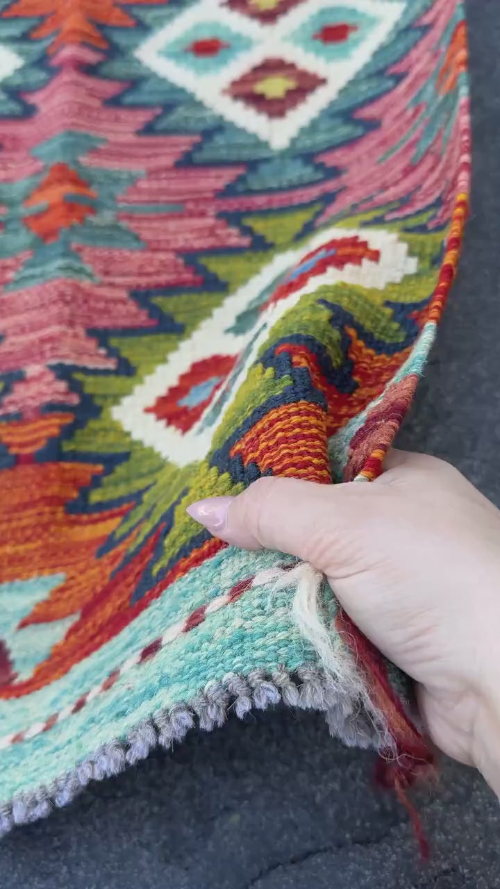 2x5 Handmade Afghan Kilim Runner Rug | Burnt Rust Orange Brick Red Teal Olive Moss Pine Green Ivory Cream Chocolate Brown Mustard Gold