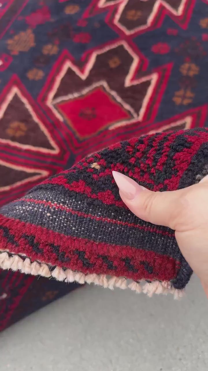 3x5 (91x152) Handmade Vintage Afghan Baluch Rug | Crimson Cherry Blood Burgundy Wine Red Midnight Blue Caramel Brown White Cream | Wool