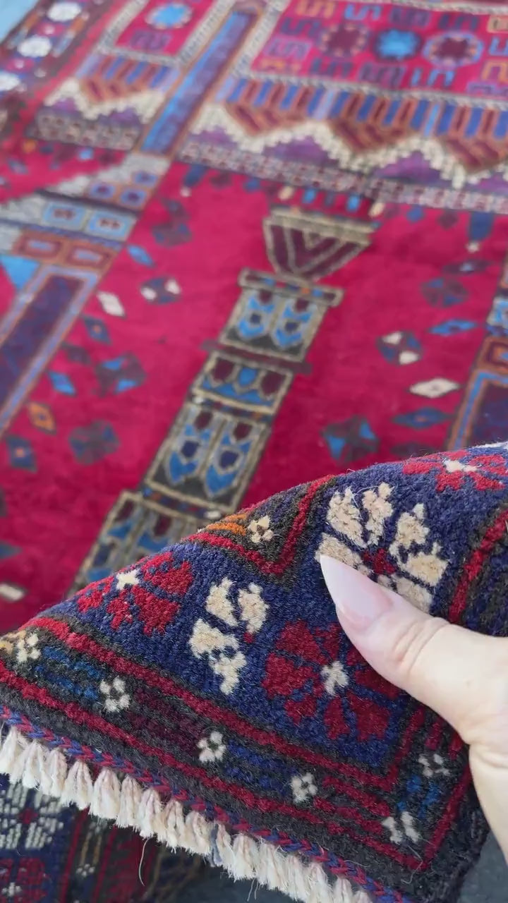 3x5 (91x152) Handmade Vintage Afghan Baluch Rug | Crimson Blood Burgundy Red Cream White Denim Navy Midnight Blue Orange Tan | Wool