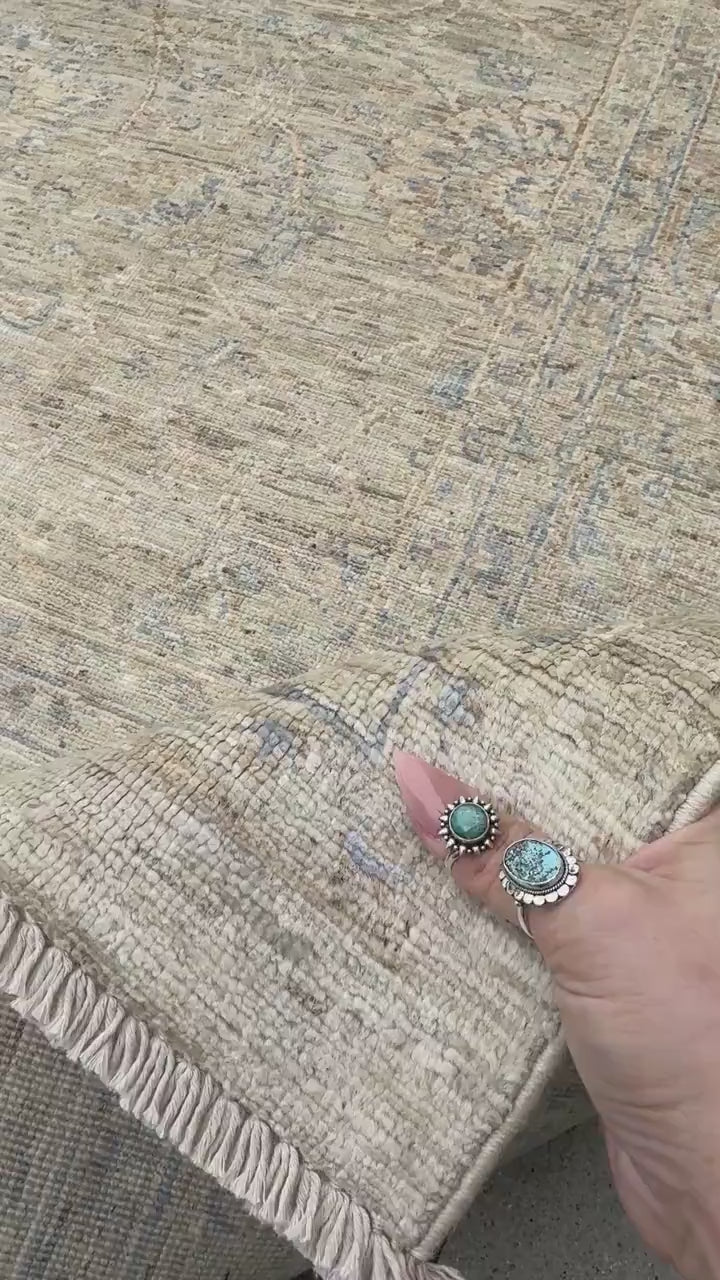 9x12 Handmade Afghan Wool Rug | Soft Neutral Muted Floral Design | Beige And Blue Area Rug
