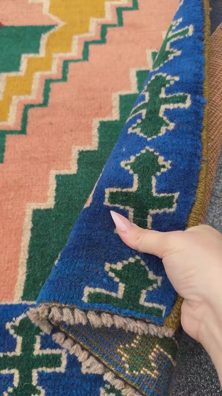 4x6 Handmade Vintage Afghan Baluch Rug | Forest Mint Green Mustard Yellow Navy Blue Peach Cream White Brick Red | Wool Flatwoven
