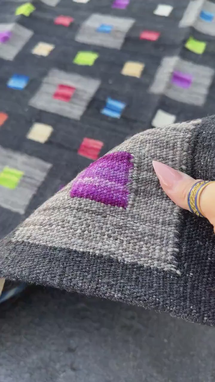 3x5 (91x152) Handmade Afghan Kilim Rug | Black Grey Lime Green Peach Orange Saffron Yellow Cream Denim Teal Blue Fuchsia Pink Purple | Wool