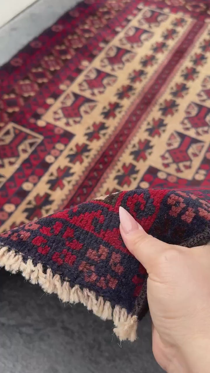 3x4-5 Handmade Vintage Afghan Baluch Rug | Garnet Cherry Crimson Wine Burgundy Red Cream Sand Brown Orange Midnight Blue Black Coral Pink