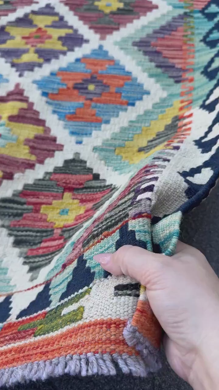 3x4 Handmade Afghan Kilim Rug | Cream Rust Red Burnt Orange Mustard Yellow Olive Green Teal Aqua Blue Navy Purple Grey | Wool Flatwoven