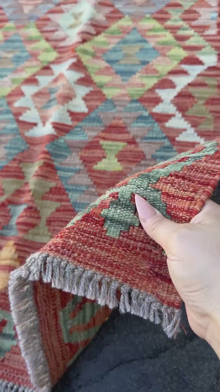 3x5 (91x152) Handmade Afghan Kilim Rug | Brick Red Burnt Peach Orange Moss Olive Green Aqua Denim Prussian Powder Blue | Wool Flatweave