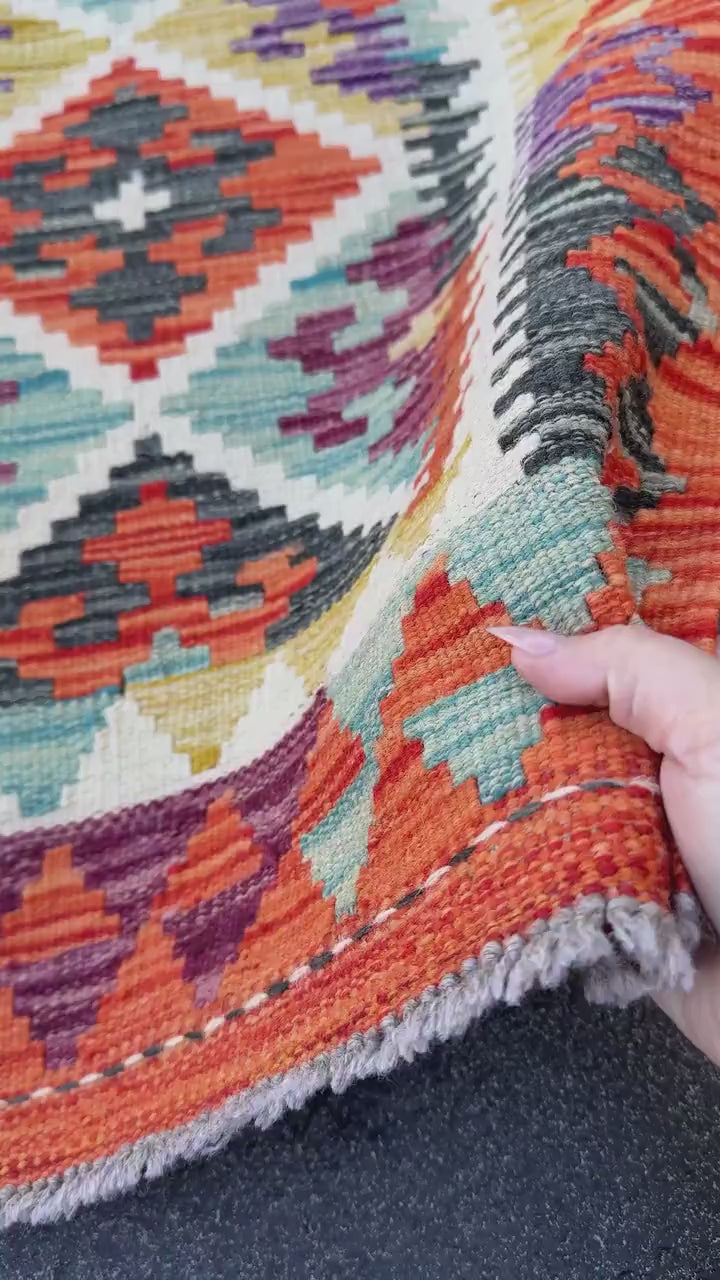 3x4 (91x152) Handmade Afghan Kilim Rug | Cream White Mustard Olive Aqua Teal Burnt Orange Burgundy Lavender Charcoal Grey | Wool Flatwoven