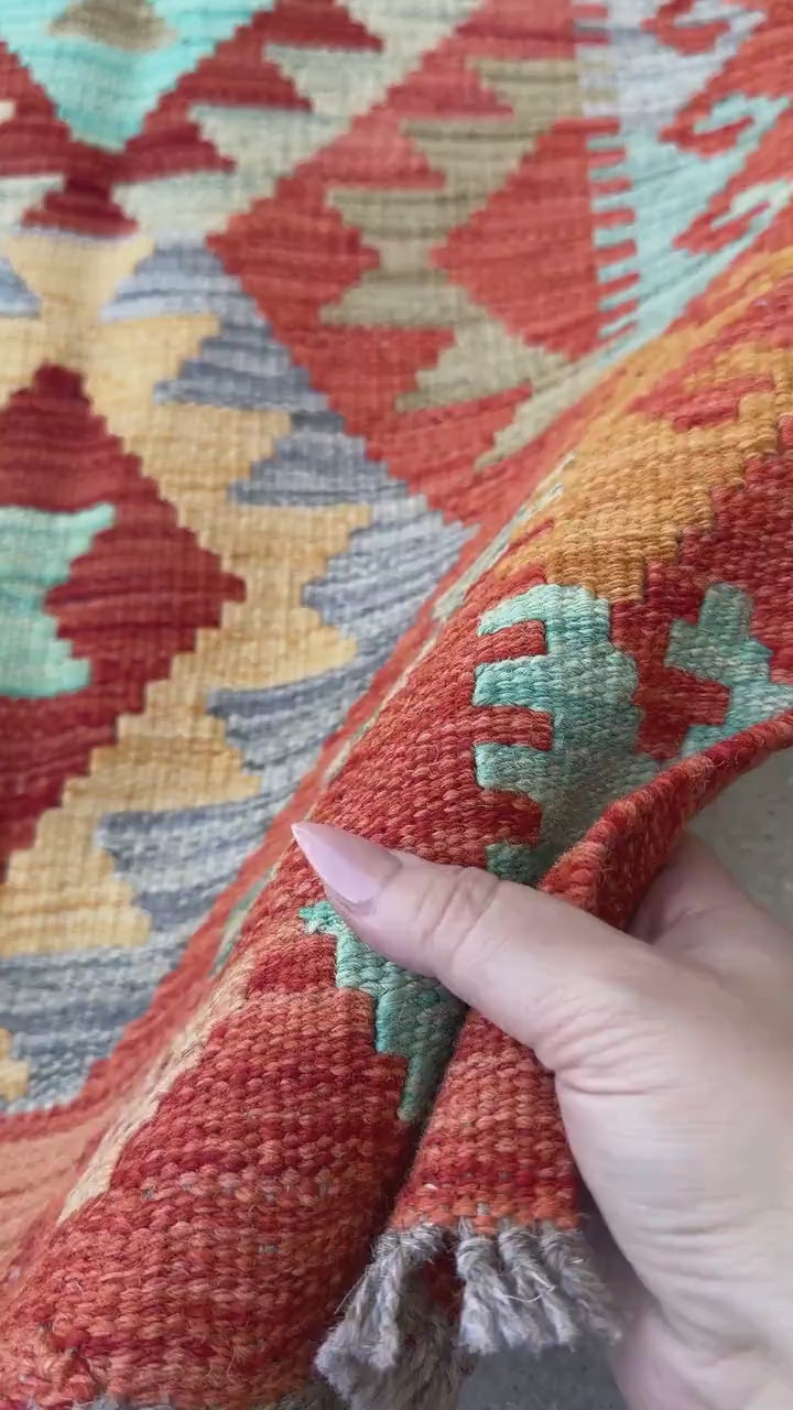 2x3 Handmade Afghan Kilim Rug | Burnt Orange Light Grey Rust Red Olive Moss Green Aqua Teal Tan Mocha Mustard Yellow Gold | Wool Flatwoven