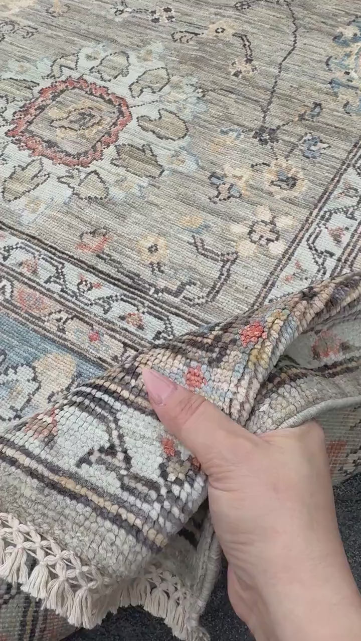 10x14 Handmade Afghan Wool Rug | Large Gray Blue Floral Rug | Oversized Heirloom Area Rug