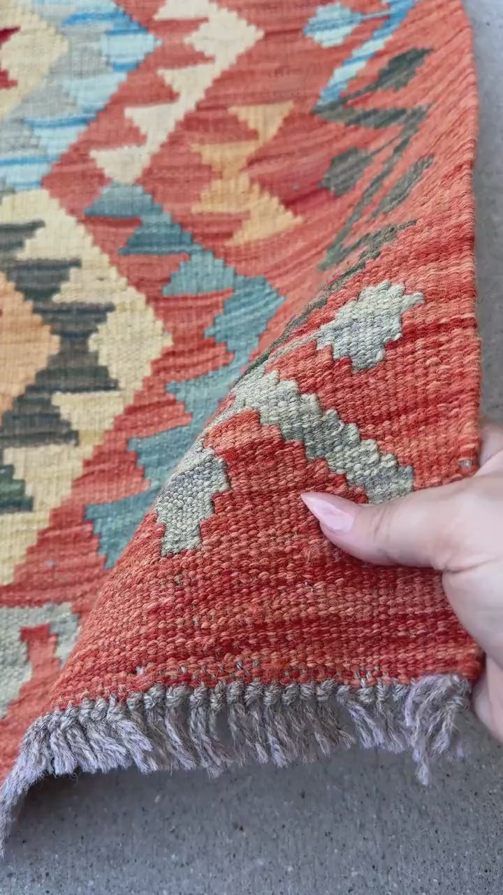2x3 Handmade Afghan Kilim Rug | Burnt Orange Peach Cream Beige Mustard Teal Charcoal Light Grey Tan | Wool Flatwoven