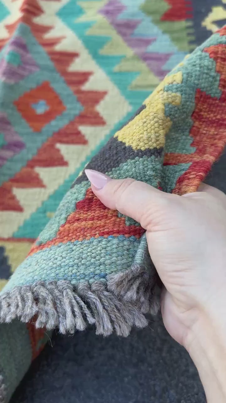 3x7 Handmade Afghan Kilim Runner Rug | Midnight Denim Aqua Blue Turquoise Lavender Purple Forest Green Cream Yellow Orange Red | Wool