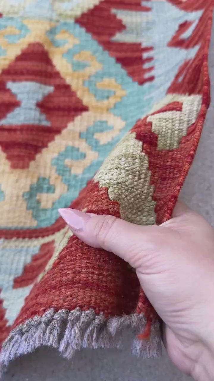 2x3 Handmade Afghan Kilim Rug | Blood Red Mustard Yellow Aqua Teal Mint Green Sky Blue | Wool Flatwoven