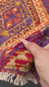 3x7 (100x200) Handmade Afghan Kilim Runner Rug | Purple Burnt Fire Orange Olive Green Beige Golden Yellow | Flatweave Flatwoven Wool Outdoor