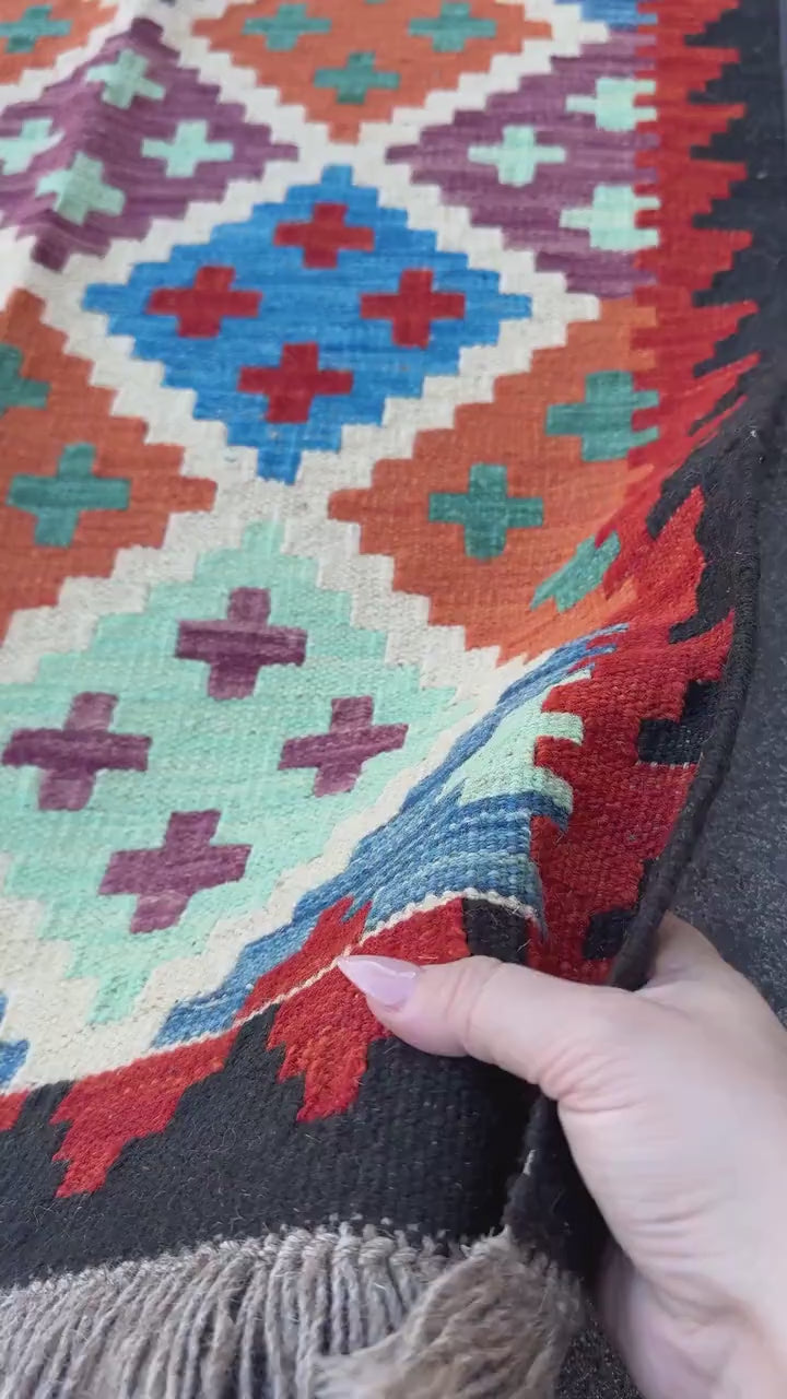 3x5 (91x152) Handmade Afghan Kilim Rug | Black Burnt Orange Cream Beige Red Blue Teal Mint Green Purple | Wool Flatwoven
