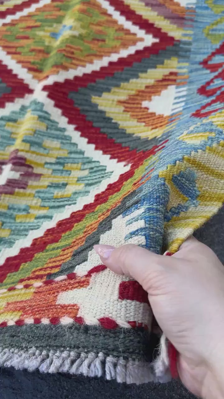 2x5 Handmade Afghan Kilim Runner Rug | Rust Red Burnt Orange Mustard Yellow Olive Green Teal Aqua Blue Cream White Grey | Wool Flatwoven