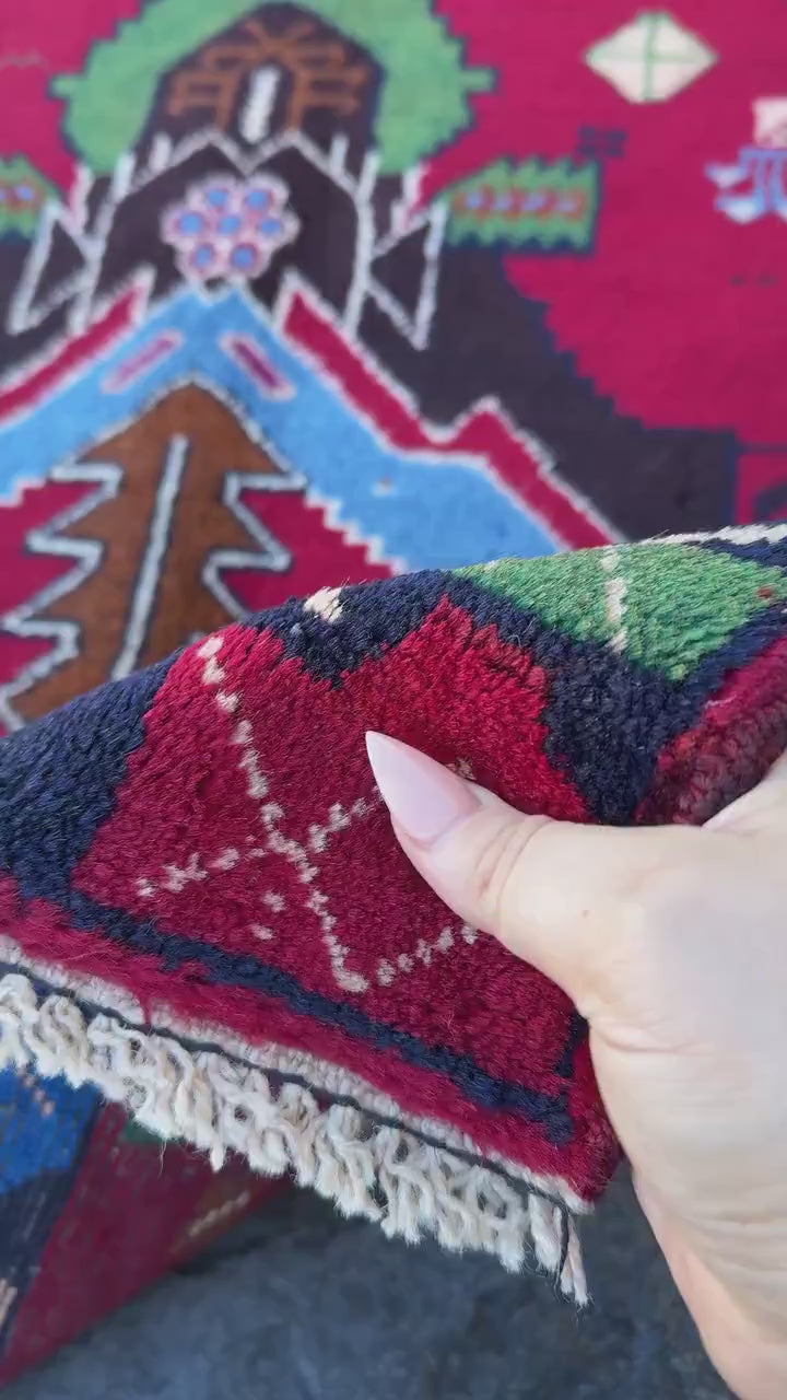 3x4 (91x121) Handmade Vintage Afghan Baluch Rug | Crimson Scarlet Red Sky Denim Blue Pine Moss Green Caramel Brown Rust Orange Black Cream