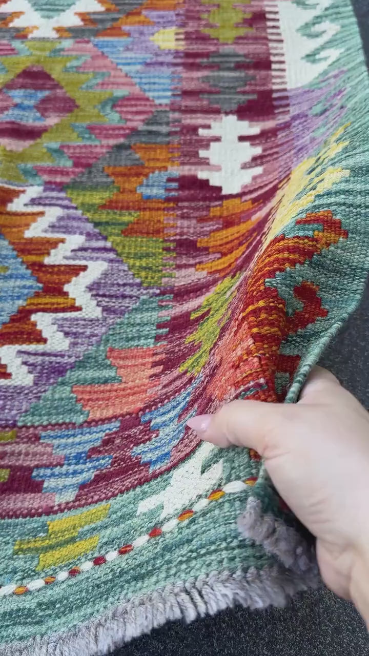 3x4 Handmade Afghan Kilim Rug | Teal Aqua Green Rust Red Burnt Orange Mustard Yellow Cream White Olive Blue Purple Grey | Wool Flatwoven