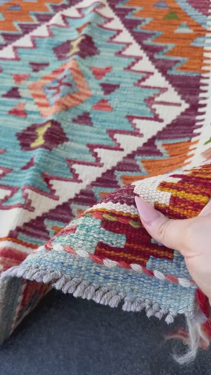 3x5 Handmade Afghan Kilim Rug | Burnt Peach Orange Cream Baby Aqua Prussian Blue Forest Moss Green Crimson Brick Red Purple Grey | Wool