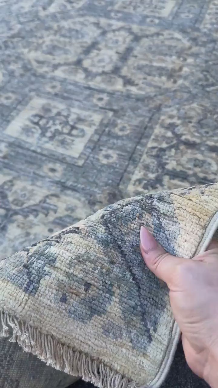 4x6 Handmade Afghan Wool Rug | Muted Blue Grey and Cream Geometric Medallion Area Rug | Soft Faded Look | Hand-Knotted Carpet