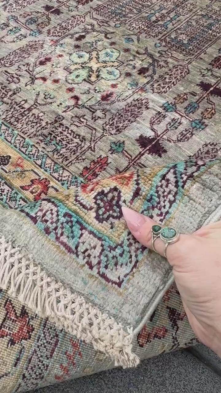 9x10 Handmade Afghan Wool Rug | Muted Tribal Floral Grid Rug | Gray Blue Heirloom Area Rug