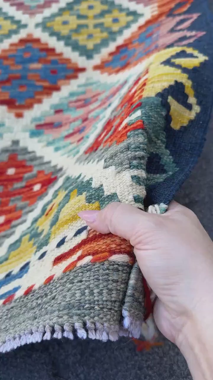 3x4 Handmade Afghan Kilim Rug | Cream Rust Red Burnt Orange Mustard Yellow Olive Green Teal Aqua Blue Navy Grey | Wool Flatwoven