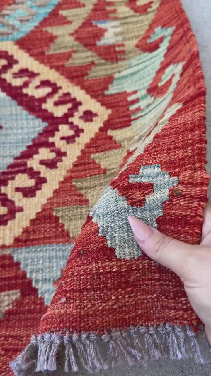 2x3 (61x91) Handmade Afghan Kilim Rug | Burnt Peach Saffron Orange Olive Green Yellow Denim Sky Baby Blue Blood Crimson Red Beige Tan | Wool