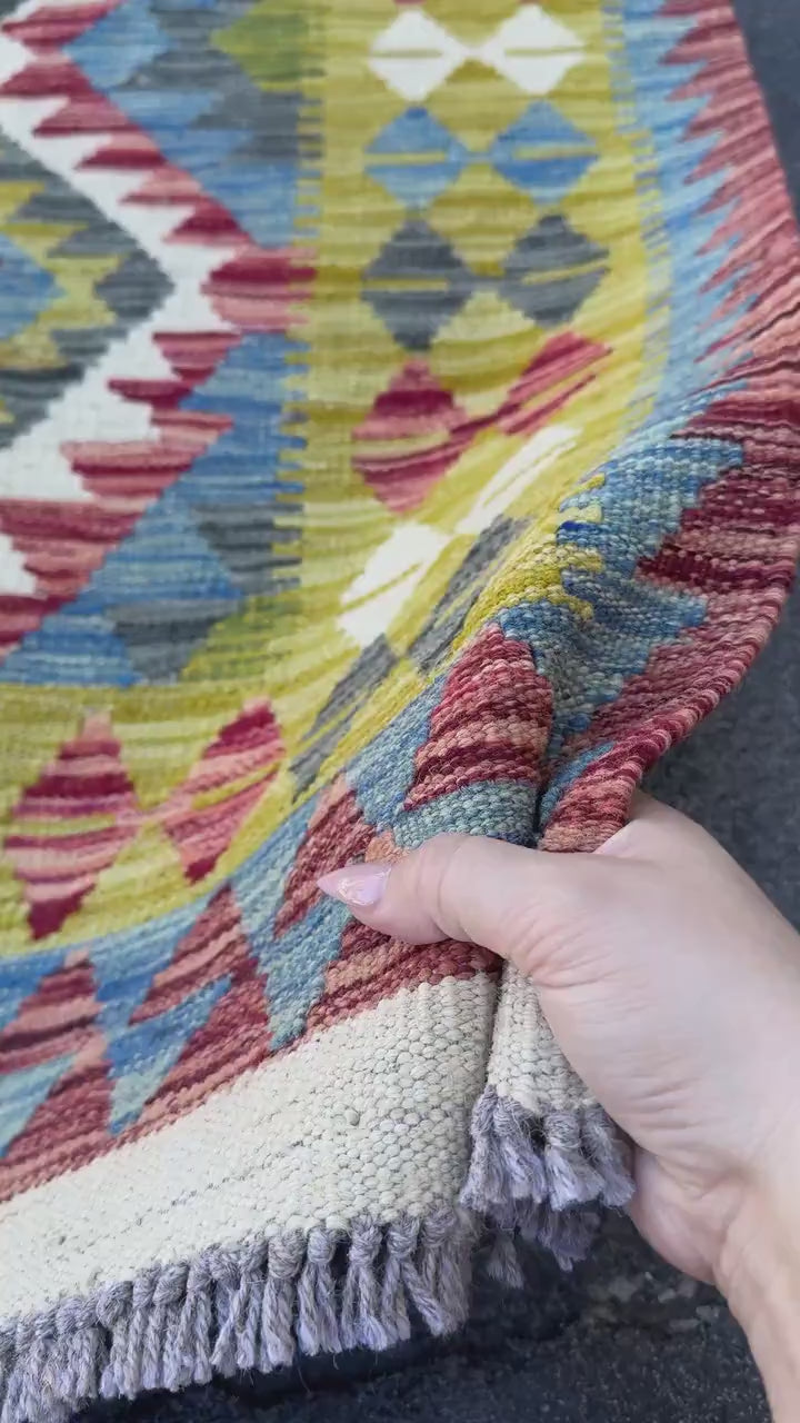 3x4 Handmade Afghan Kilim Rug | Olive Green Mustard Yellow Sky Blue Rust Red Cream White Charcoal Grey Brick Red | Wool Flatwoven